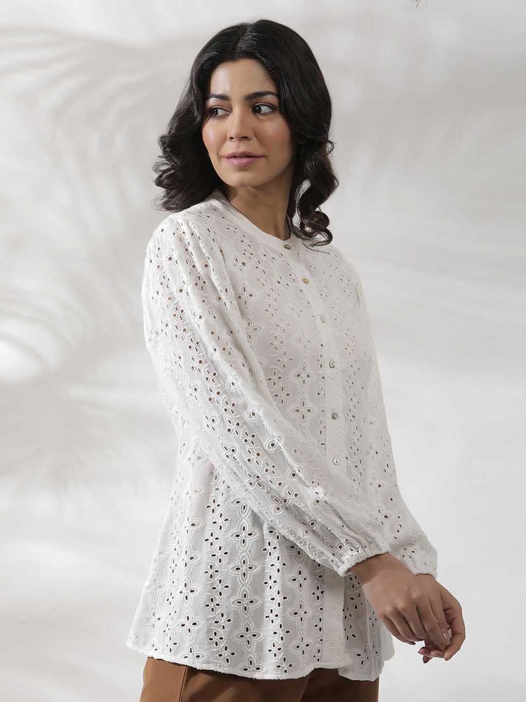 W Self Design Mandarin Collar Puffed Sleeves Shirt Style Top