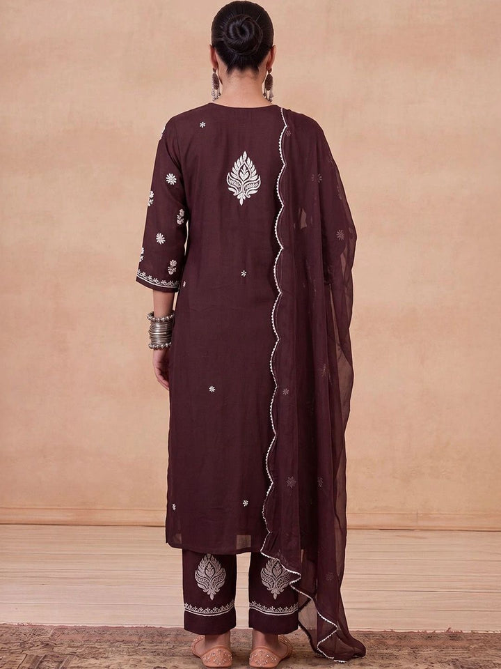 House of Chikankari Women Ethnic Embroidered Thread Work Kurta with Trousers & Dupatta