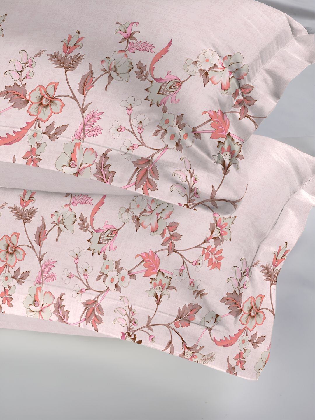MYTRIDENT White & Peach 2 Pieces Floral Pure Cotton Rectangle Pillow Covers