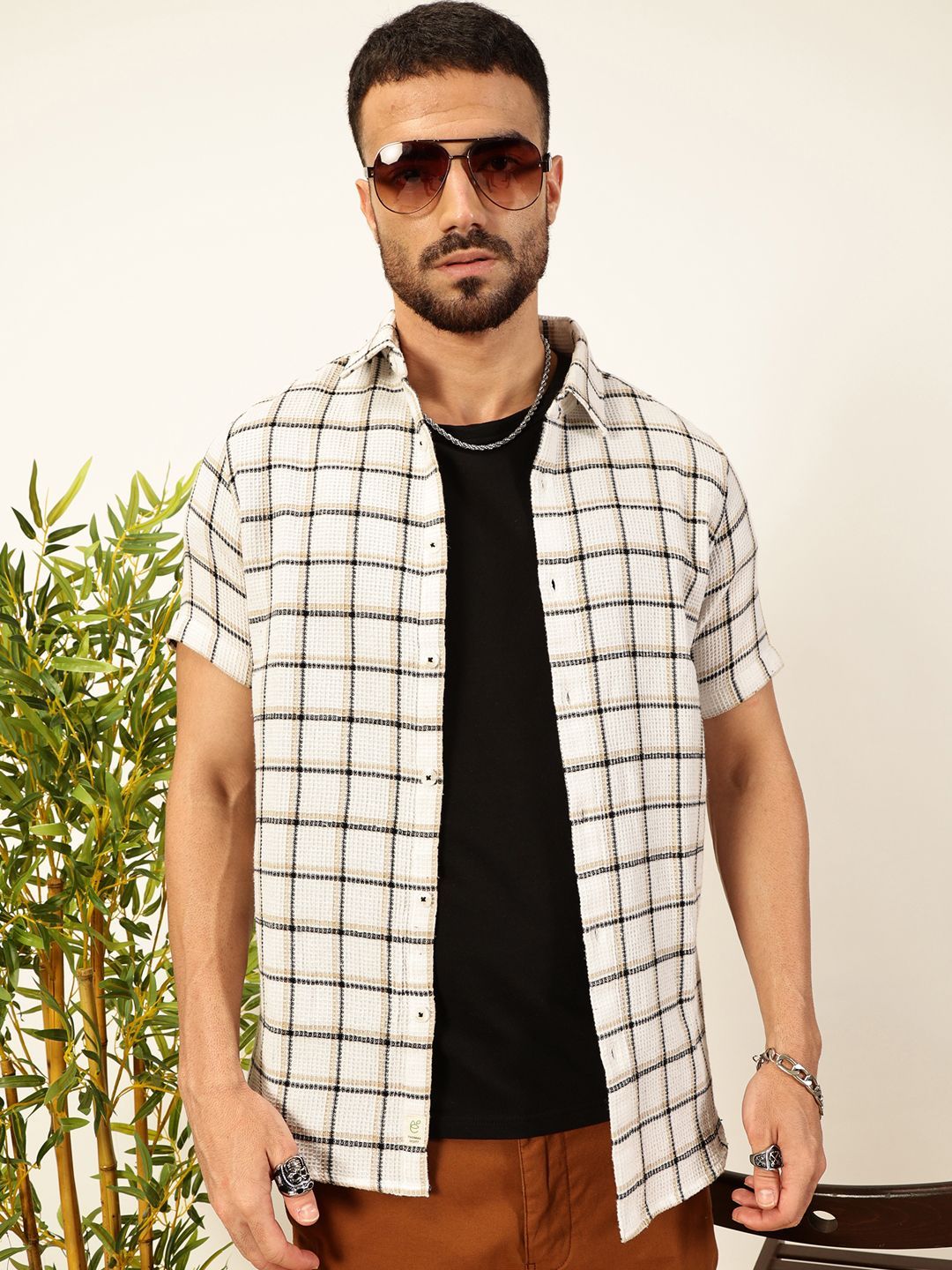 Thomas Scott Men Premium Slim Fit Windowpane Checked Casual Shirt