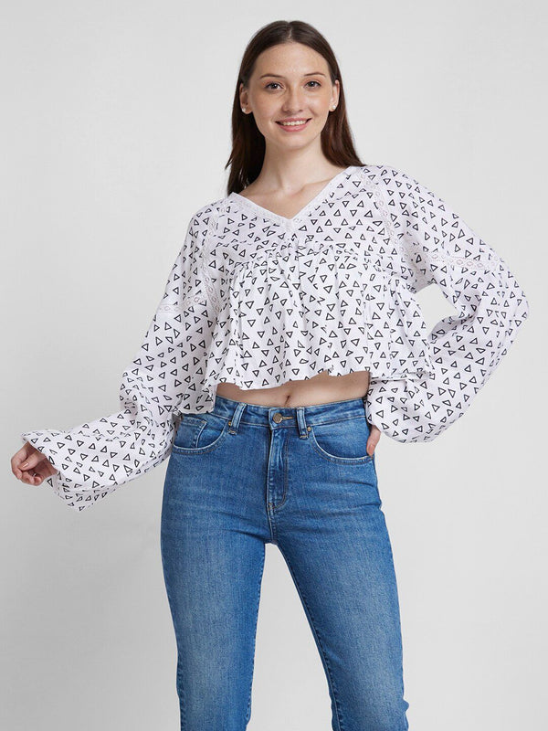 SPYKAR Geometric Printed V-Neck Flared Sleeve Lace Inserts Cotton Peplum Top