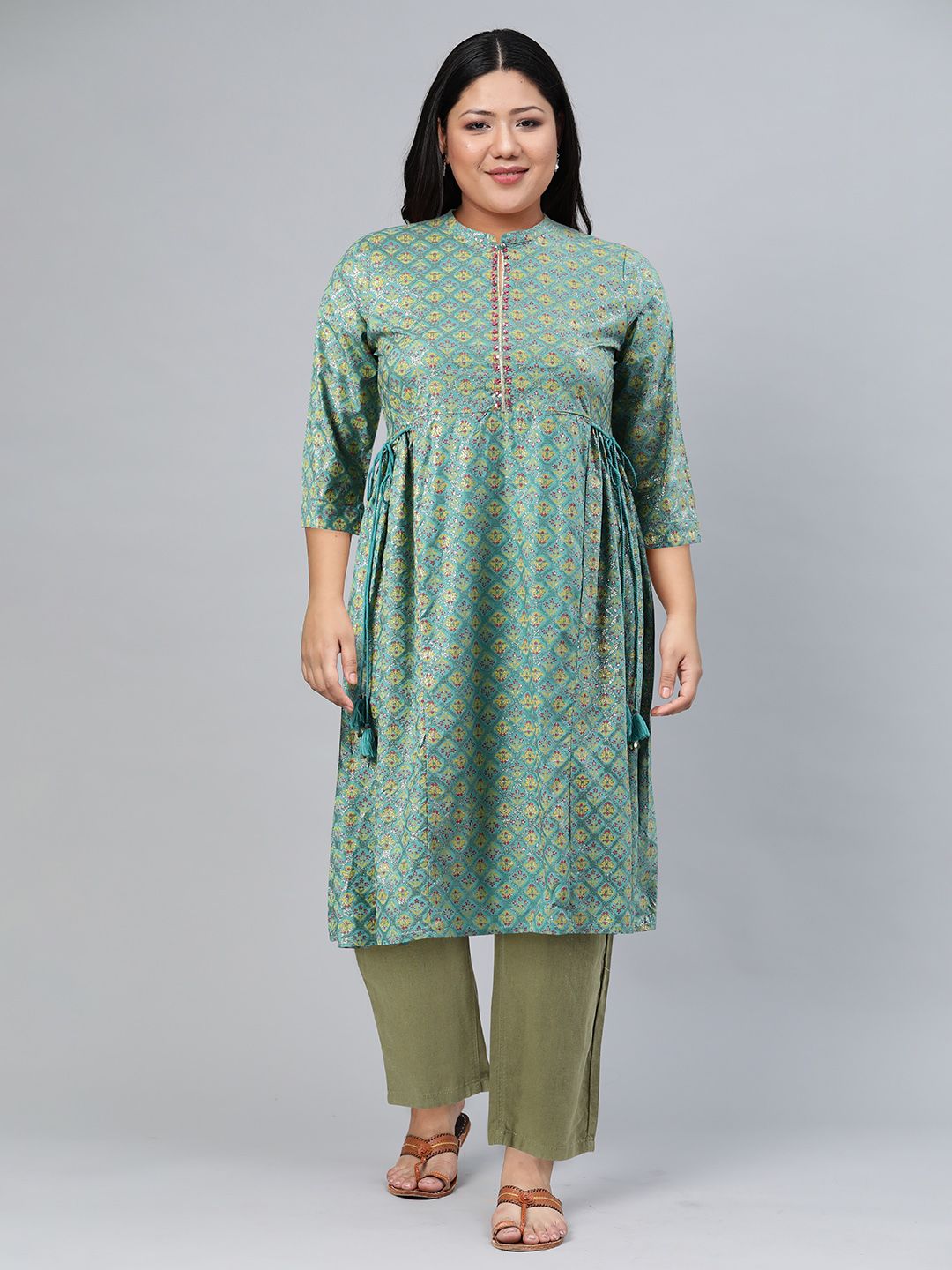 W Women Blue & Yellow Ethnic Motifs Printed Anarkali Kurta