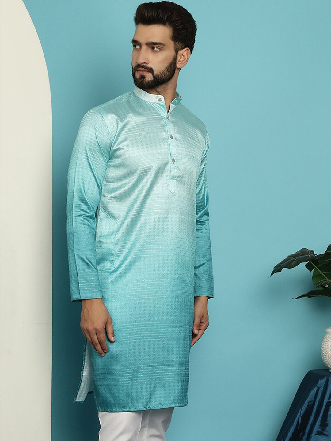 SOJANYA Ethnic Motifs Woven Design Jacquard Mandarin Collar Straight Kurta