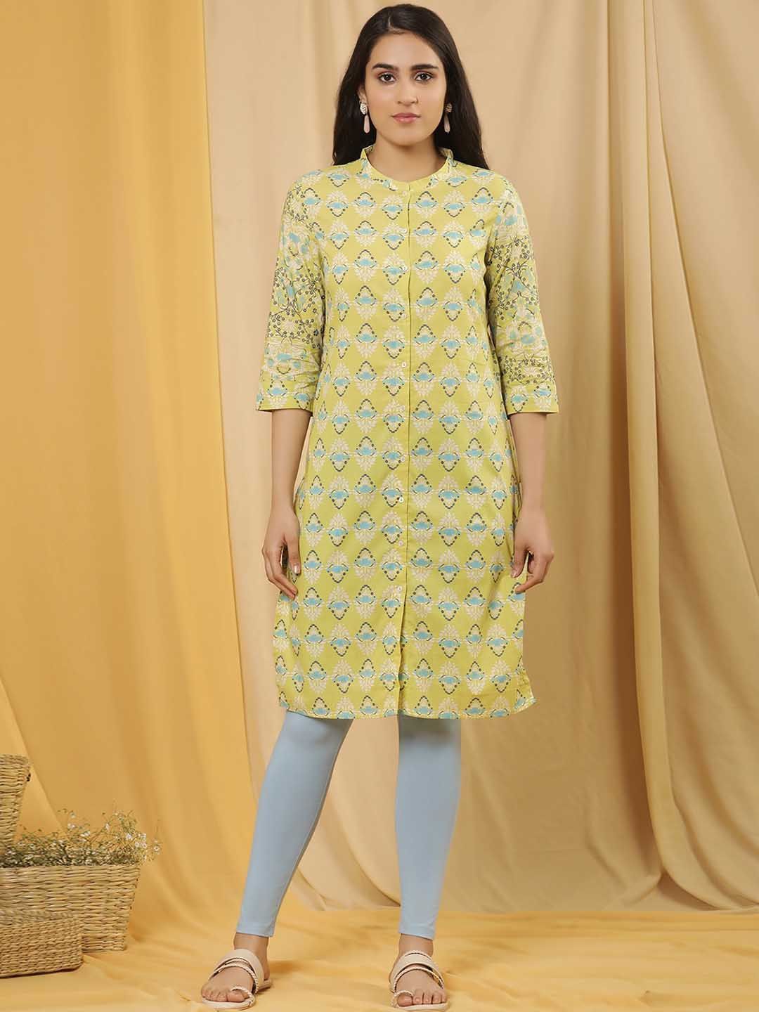 W Floral Printed Mandarin Collar Regular Pure Cotton Kurta