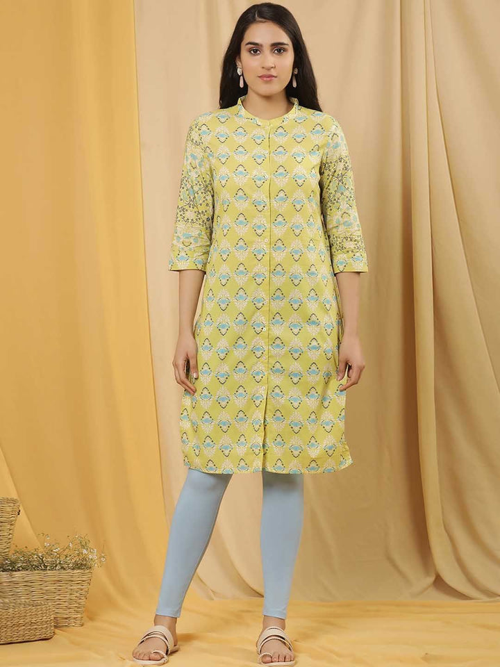 W Floral Printed Mandarin Collar Regular Pure Cotton Kurta