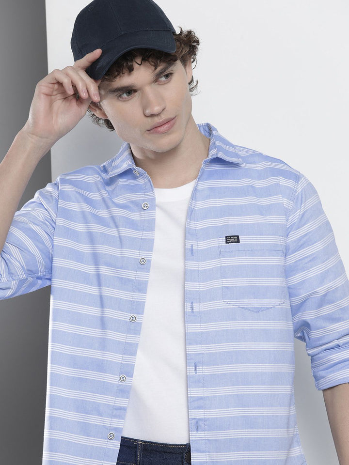 The Indian Garage Co Men Blue & White Slim Fit Striped Pure Cotton Casual Shirt