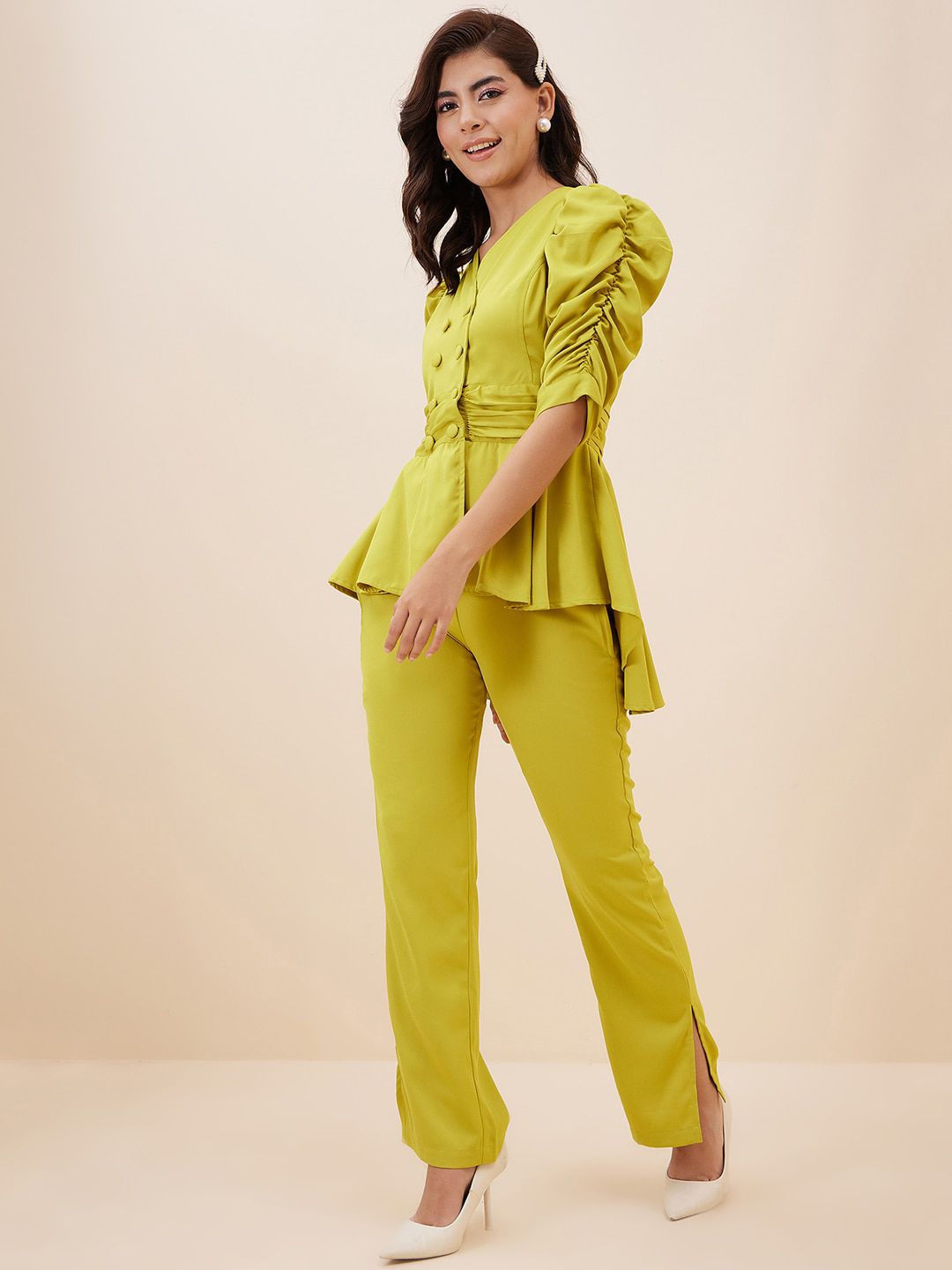 Antheaa Ruched Peplum Top With Trousers