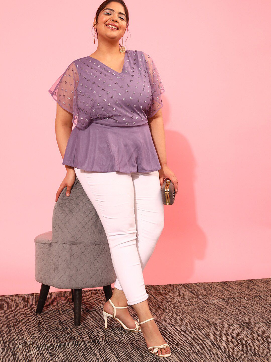 CURVY STREET Plus Size Embellished Extended Sleeves Peplum Top