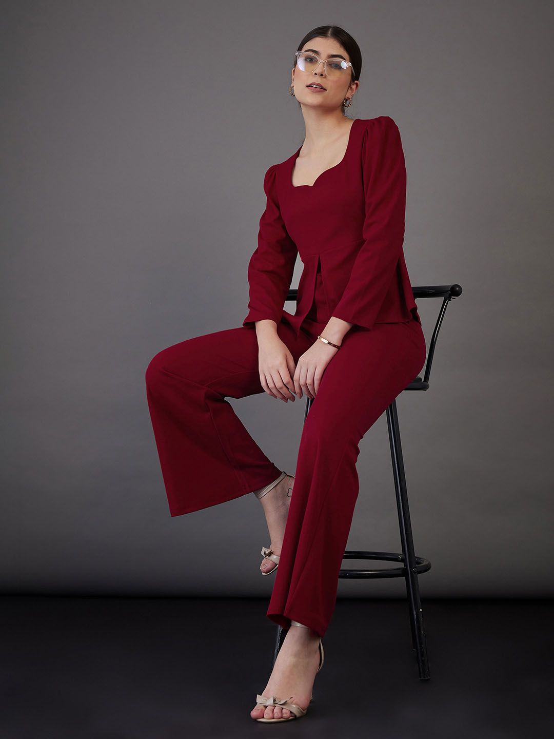 SASSAFRAS worklyf Sweetheart Neck Puff Sleeves Top With Bell Bottom Trousers