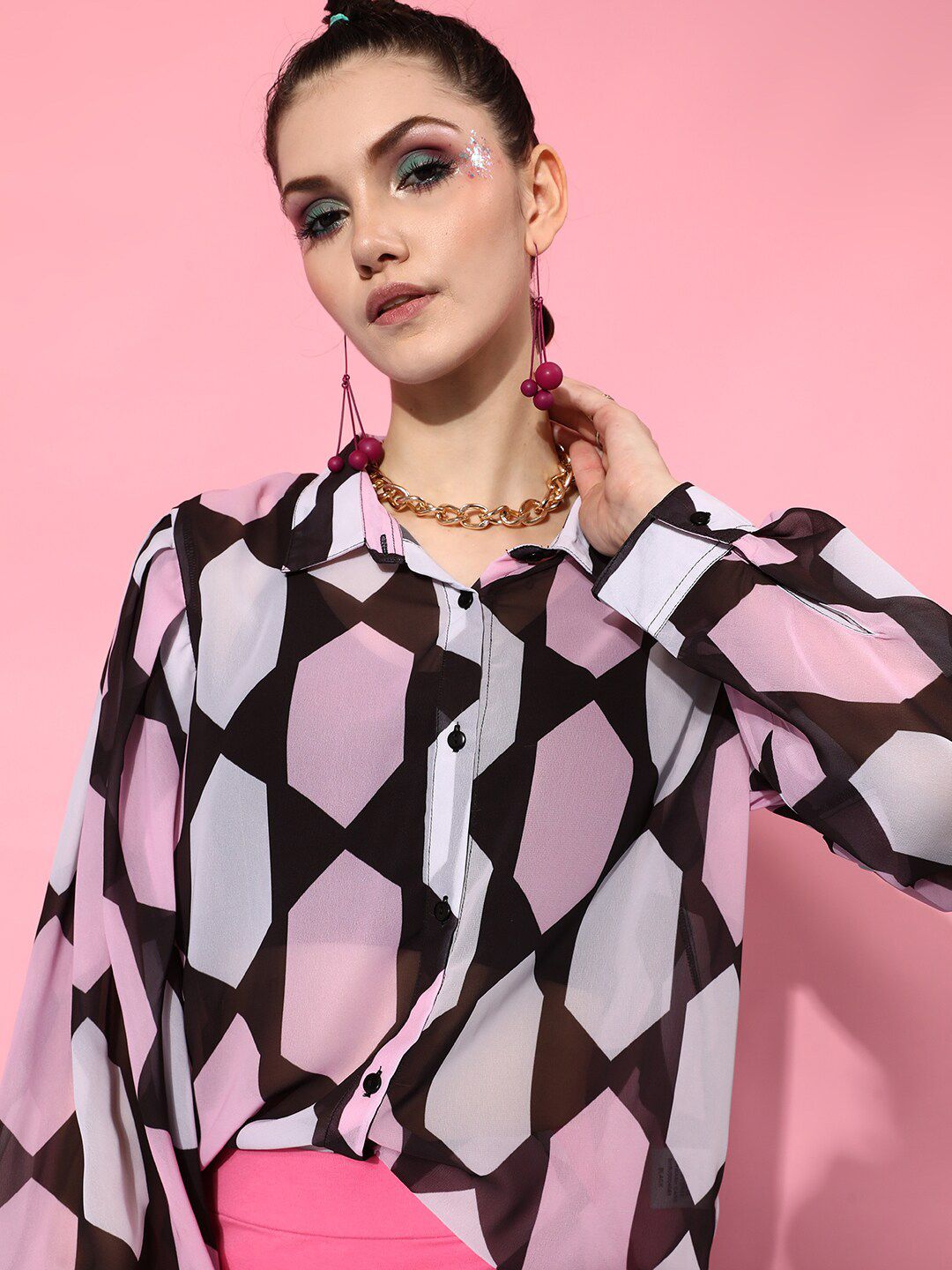 STREET 9 Women Black & Pink Sheer Geometric Printed Casual Shirt