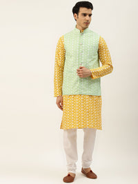 SOJANYA Men Yellow & White Embroidered Thread Work Kurta with Churidar & Nehru Jacket