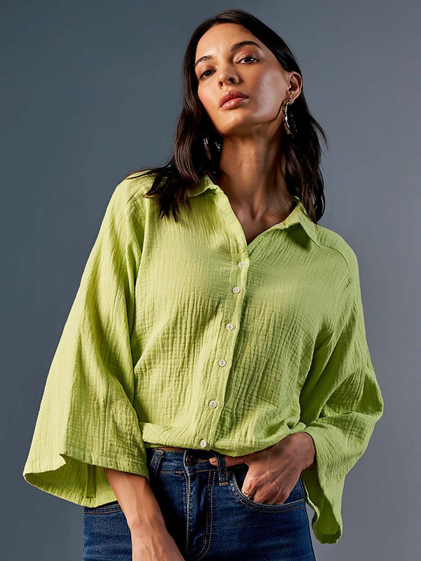 AND Self Design Flared Sleeve Pure Cotton Shirt Style Top