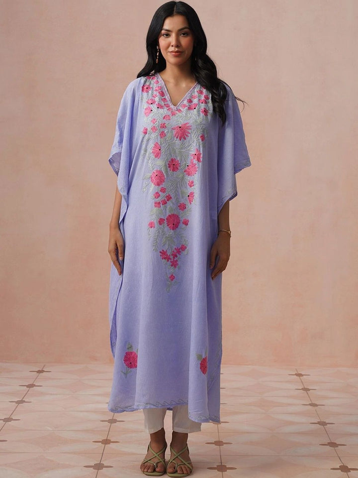 House of Chikankari Wanita Sulaman Bunga Lengan Panjang Kerja Benang Krep Bunga Kaftan Kurta