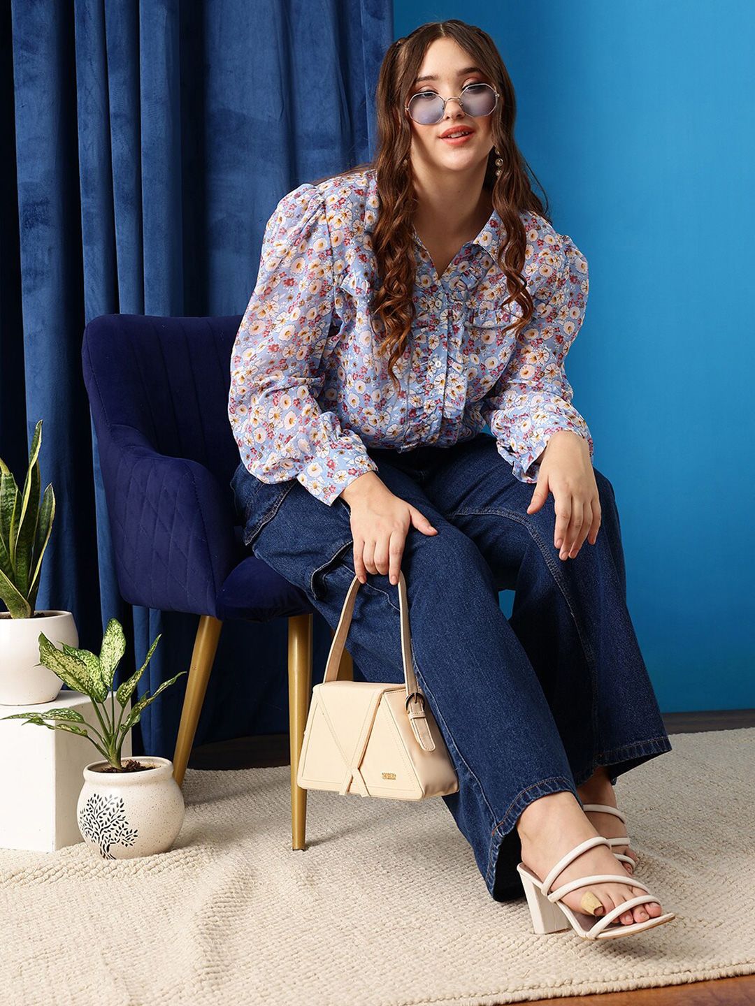 CURVY STREET Plus Size Floral Printed Shirt Collar Cuffed Sleeves Shirt Style Top Shirt