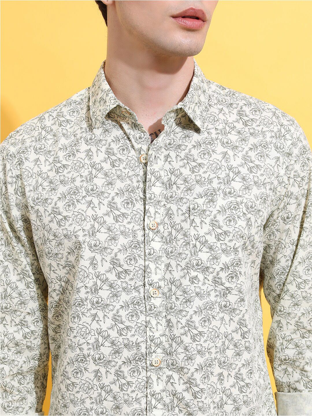 HIGHLANDER Lime Green Floral Printed Spread Collar Slim Fit Cotton Casual Shirt