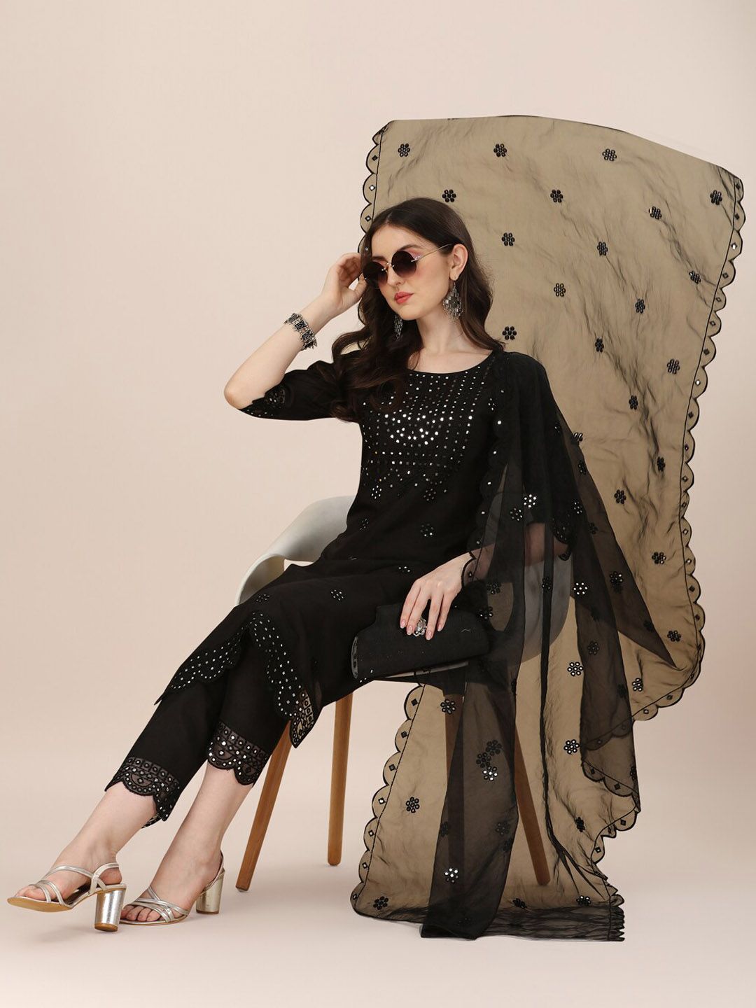 KALINI Embroidered Mirror Work Chanderi Cotton Kurta With Trousers & Dupatta