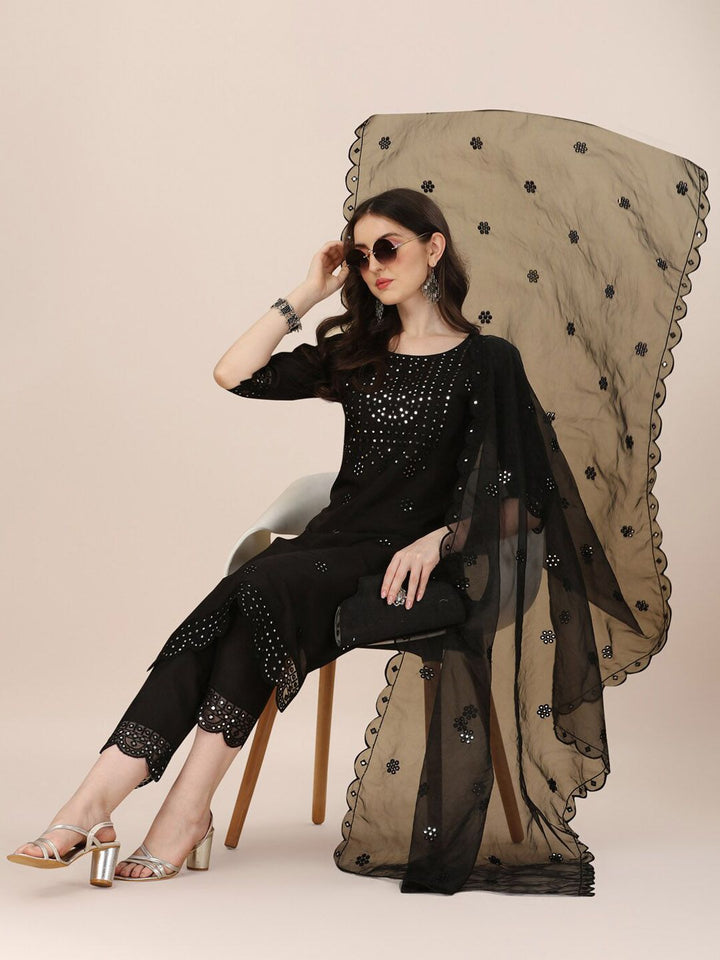 KALINI Embroidered Mirror Work Chanderi Cotton Kurta With Trousers & Dupatta