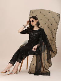 KALINI Embroidered Mirror Work Chanderi Cotton Kurta With Trousers & Dupatta