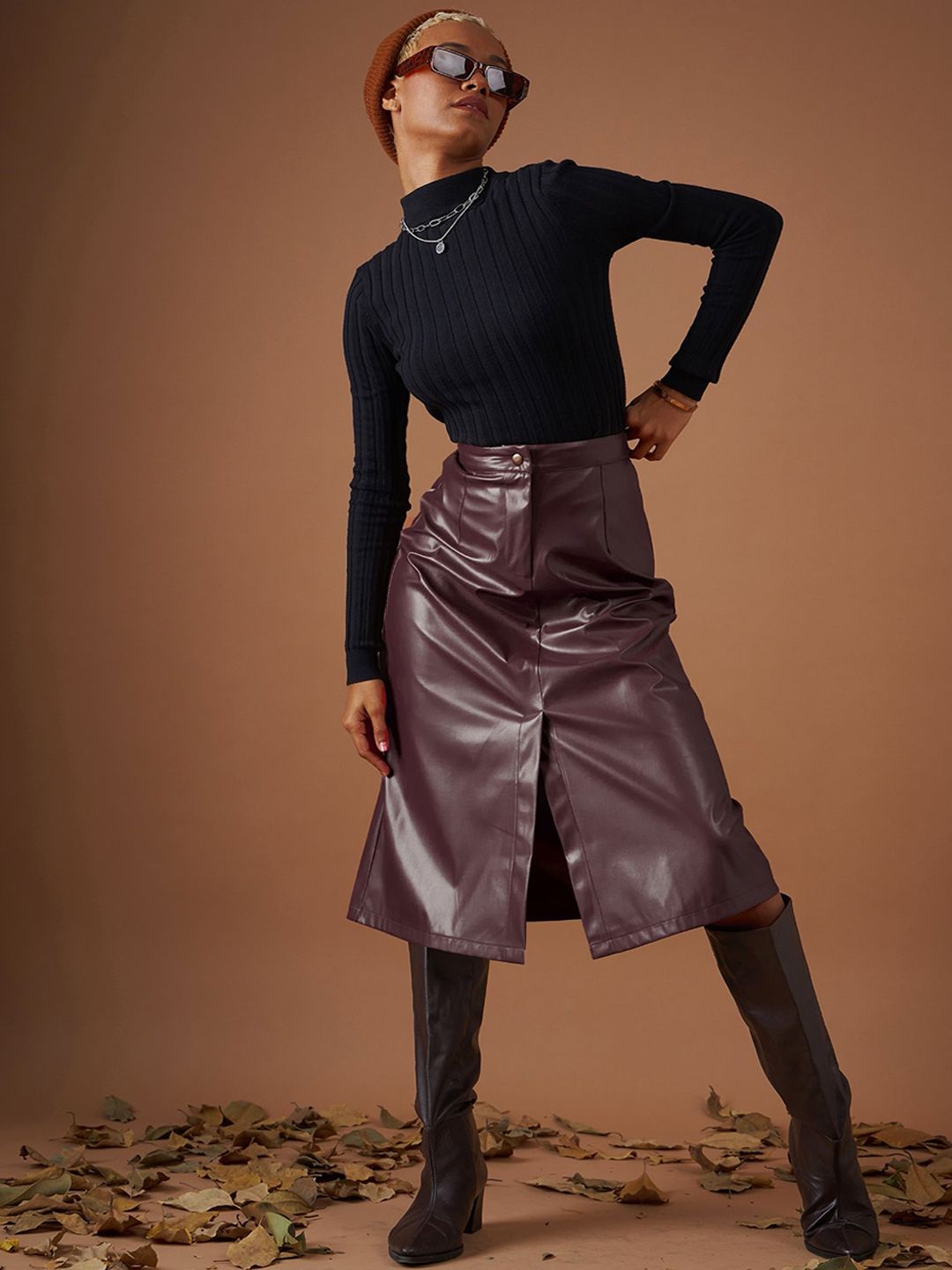 SASSAFRAS Maroon A-Line Midi Skirt