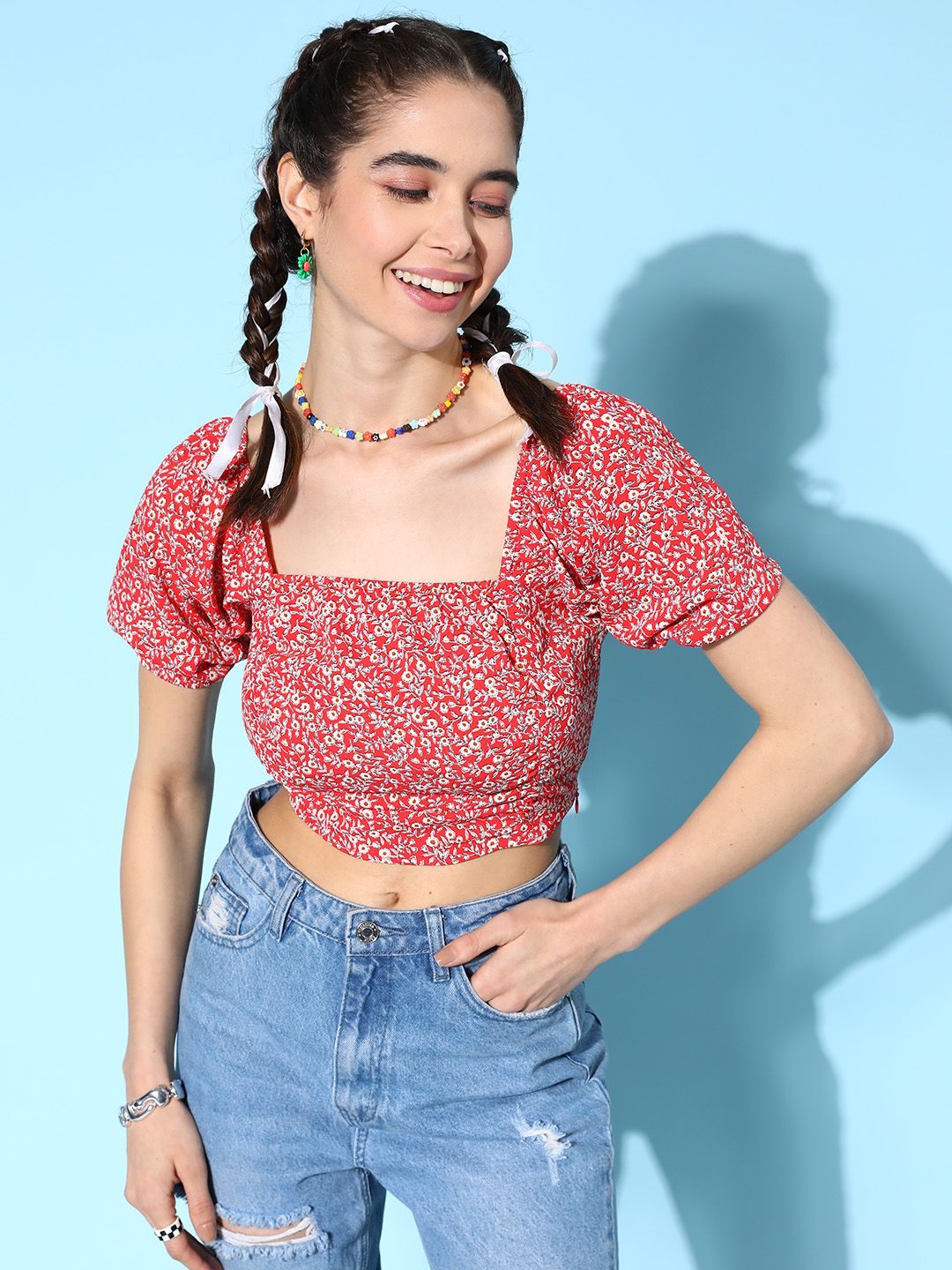 Berrylush Floral Print Puff Sleeve Crepe Crop Top