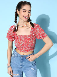 Berrylush Floral Print Puff Sleeve Crepe Crop Top