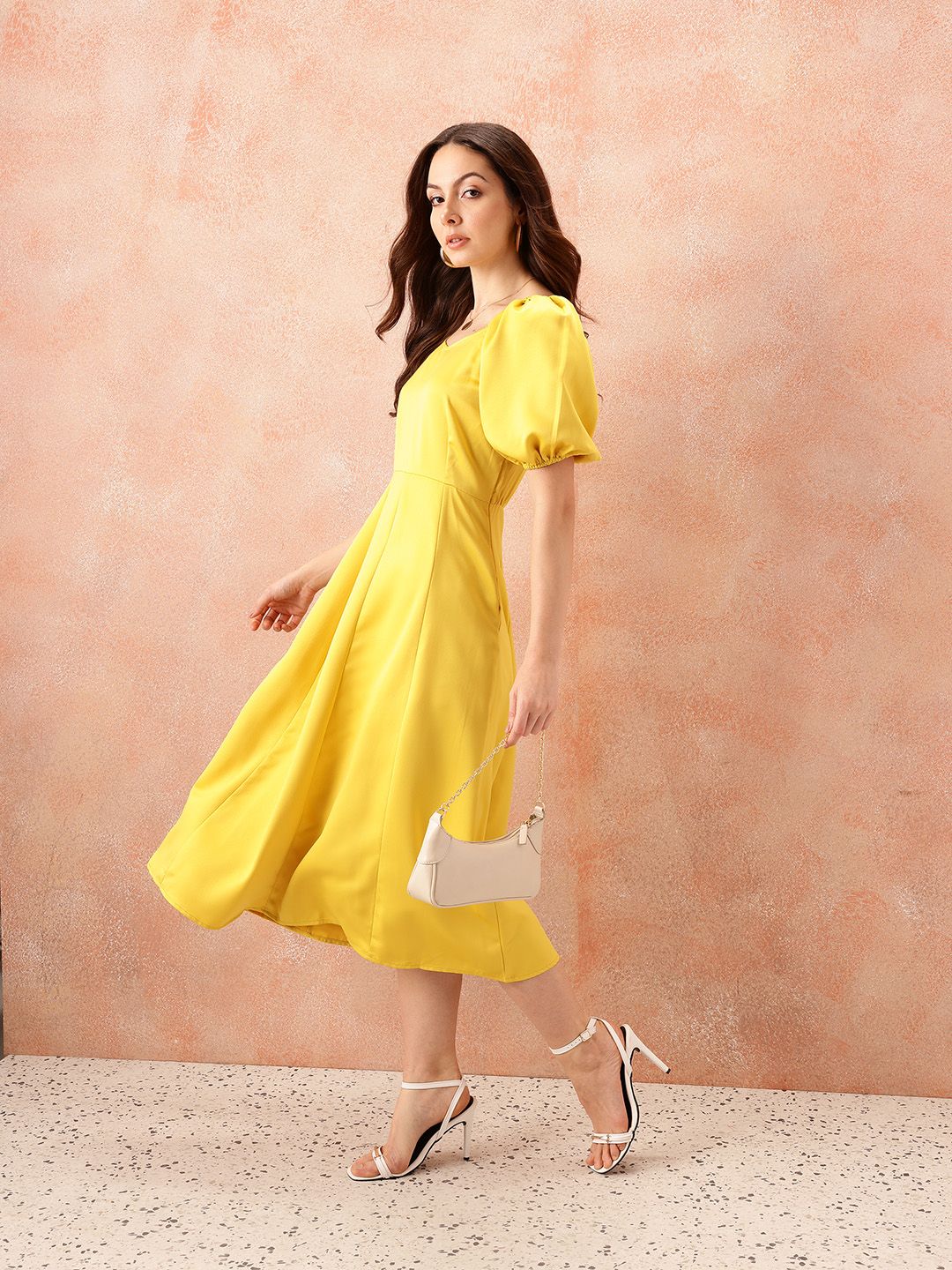 all about you Sweetheart Neck Puff Sleeves Satin Fit & Flare Midi Dress