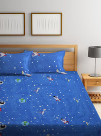 KLOTTHE Blue & White Conversational 300 TC 1 King Bedsheet with 2 Pillow Covers