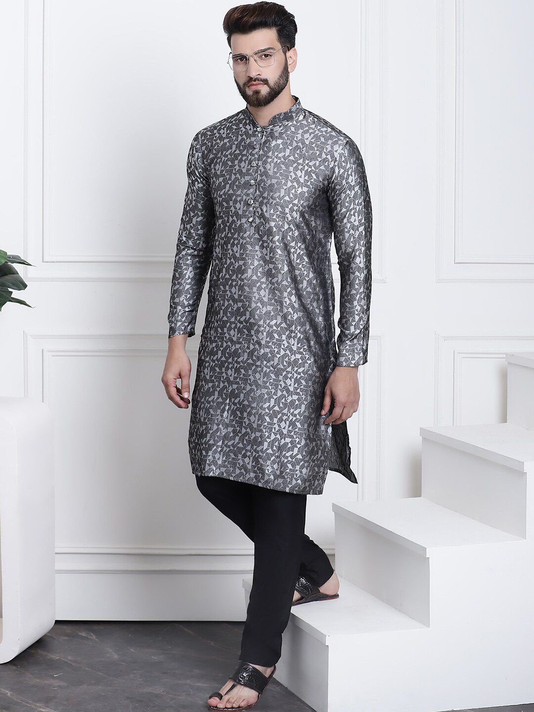 SOJANYA Motif Etnik Bercetak Kurta Lurus Kolar Mandarin