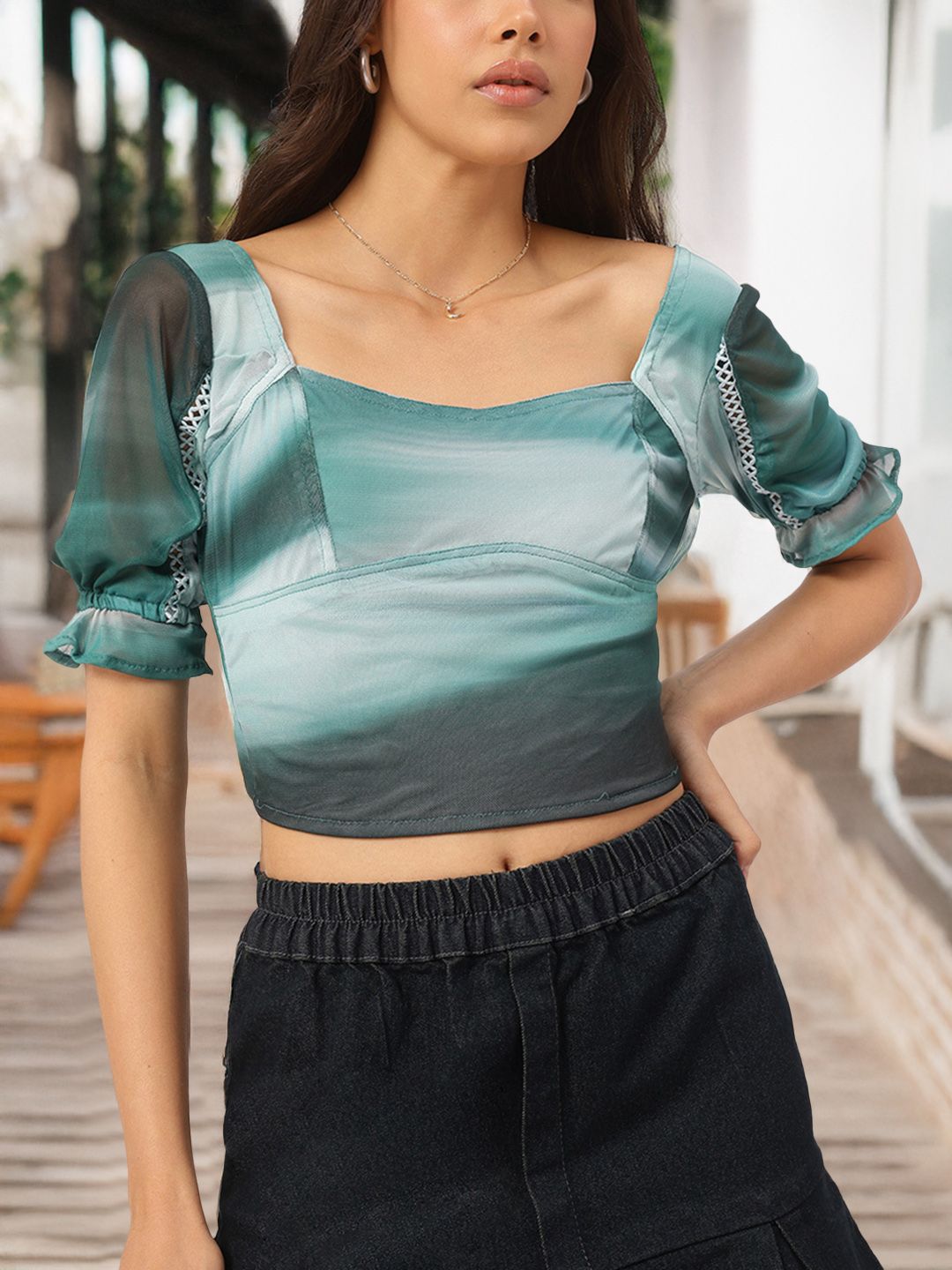 DressBerry Mesh Magic Tie & Dye Lace Insert Crop Top
