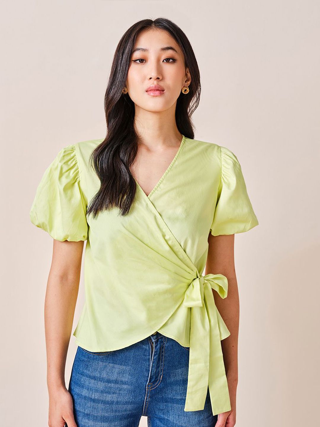 AND Women Solid Puff Sleeve Cotton Wrap Top