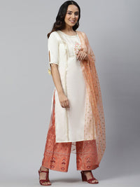 AURELIA Women White Yoke Design Panelled Sequined LIVA Kurti with Palazzos & With Dupatta