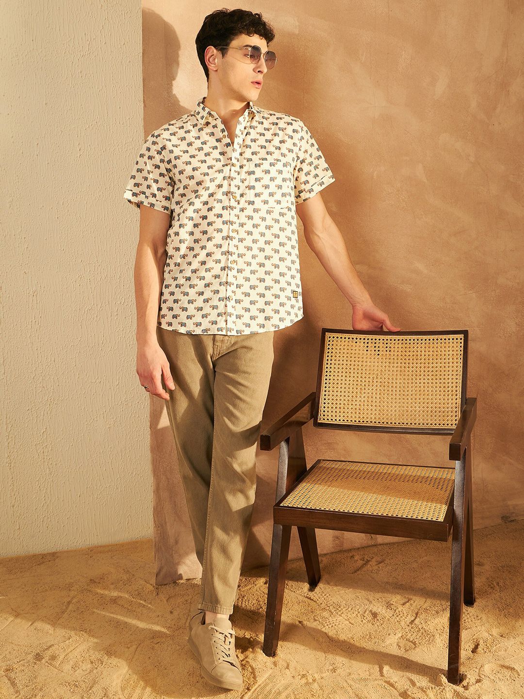 DENNISON Smart Ethnic Motifs Printed Spread Collar Cotton Oversized Lightweight Shirt