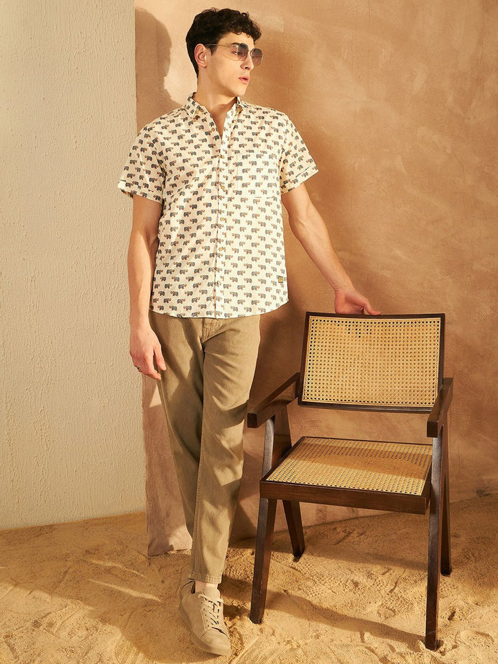 DENNISON Smart Ethnic Motifs Printed Spread Collar Cotton Oversized Lightweight Shirt