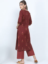 Vishudh Women Maroon Floral Printed Pure Cotton Kurta With Palazzos