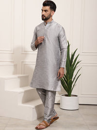 SOJANYA Set Kurta Solid Melange Kelabu Lelaki Dengan Jaket Bercetak