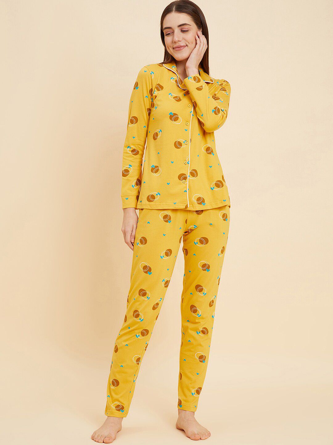 Sweet Dreams Mustard & Brown Conversational Printed Pure Cotton Night suit