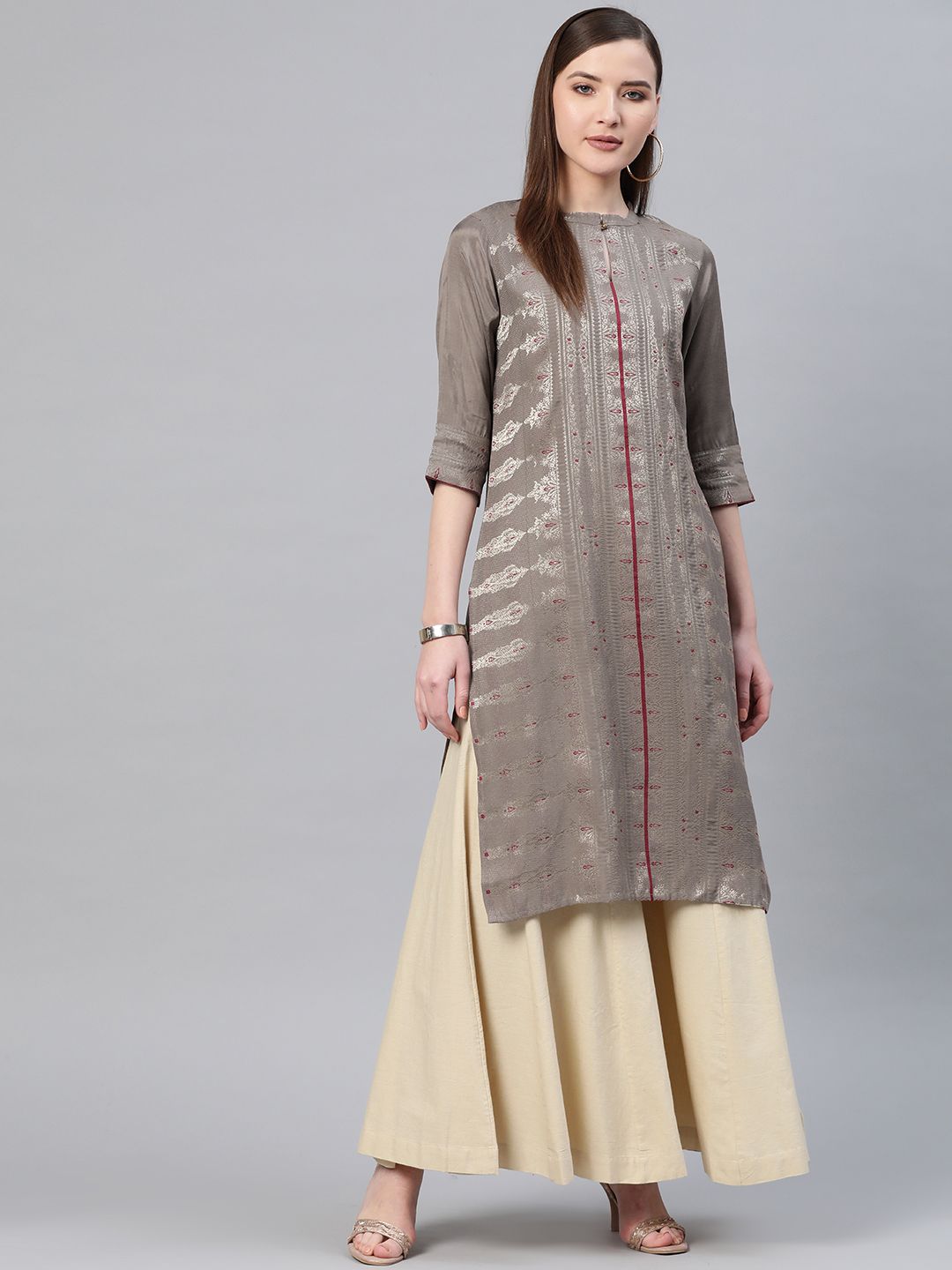 W Women Taupe & Golden Zari Woven Design Straight Kurta
