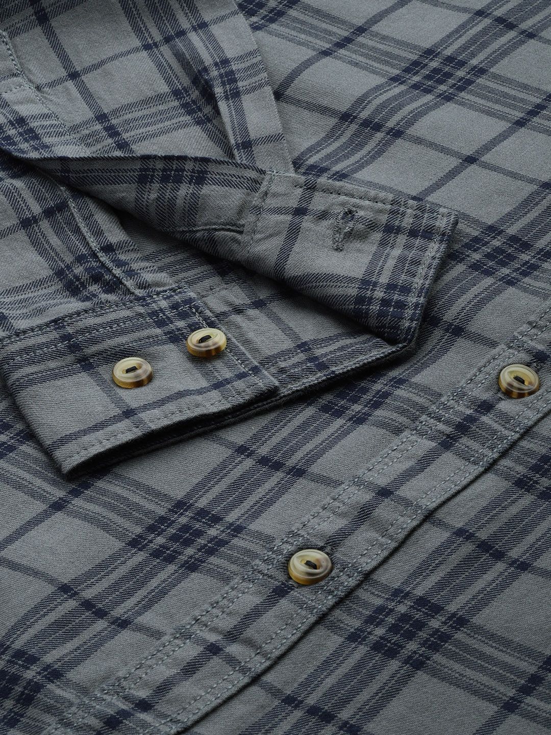The Indian Garage Co Men Grey & Navy Blue Slim Fit Checked Casual Shirt