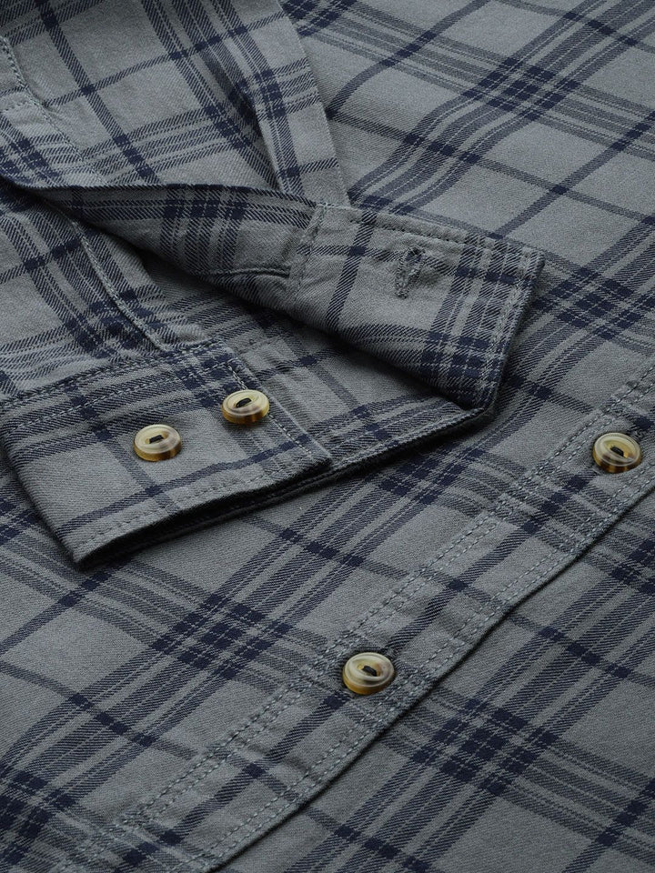 The Indian Garage Co Men Grey & Navy Blue Slim Fit Checked Casual Shirt
