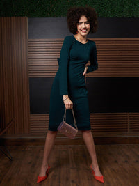 Athena Green Round Neck Long Sleeves Tie-Ups Sheath Dress