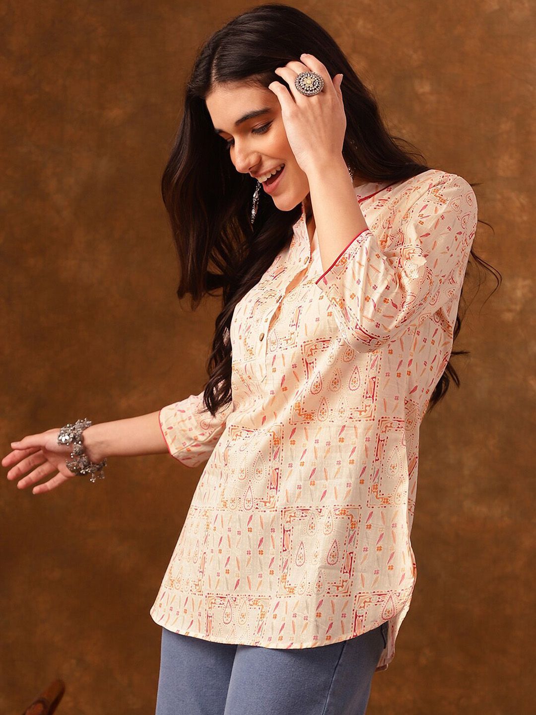 Anouk Ethnic Motif Printed Mandarin Collar Three-Quarter Sleeves Cotton Short Kurti