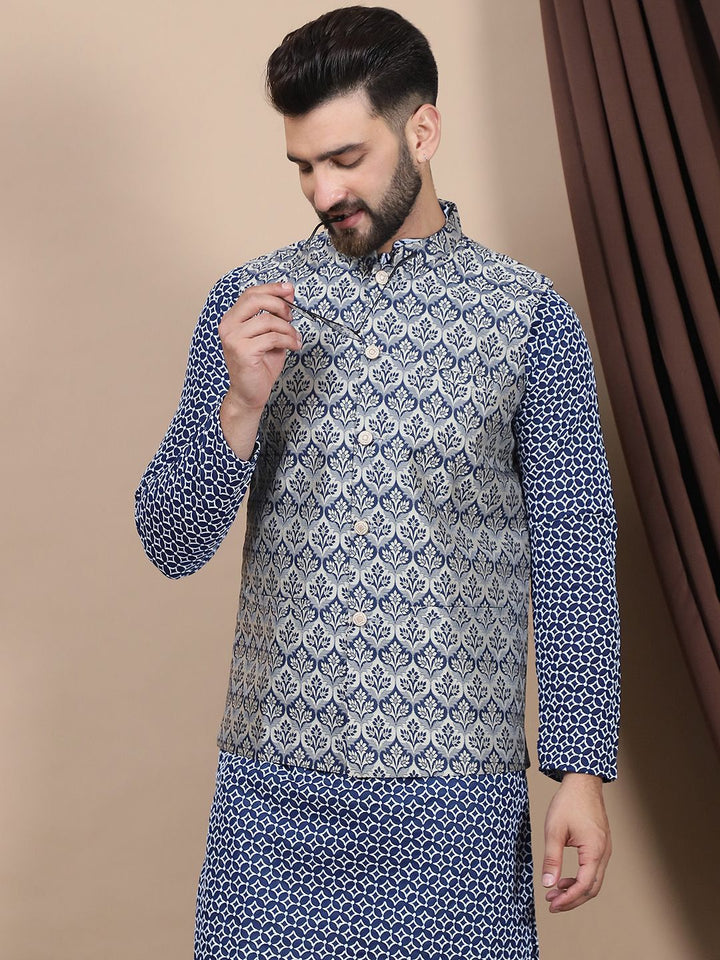 Anouk Navy Blue Ethnic Motifs Printed Straight Pure Cotton Kurta with Churidar
