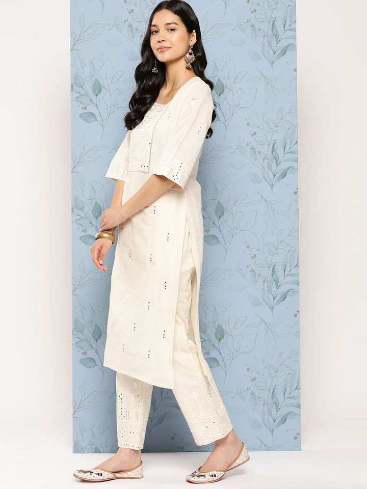 Libas Women Embroidered Mirror Work Pure Cotton Kurta With Palazzos & With Dupatta