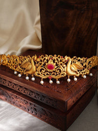 Rubans 24K Gold Plated Ruby dengan Rantaian Pakaian Pakul Paking Kamarbandh dengan Mutiara Drop