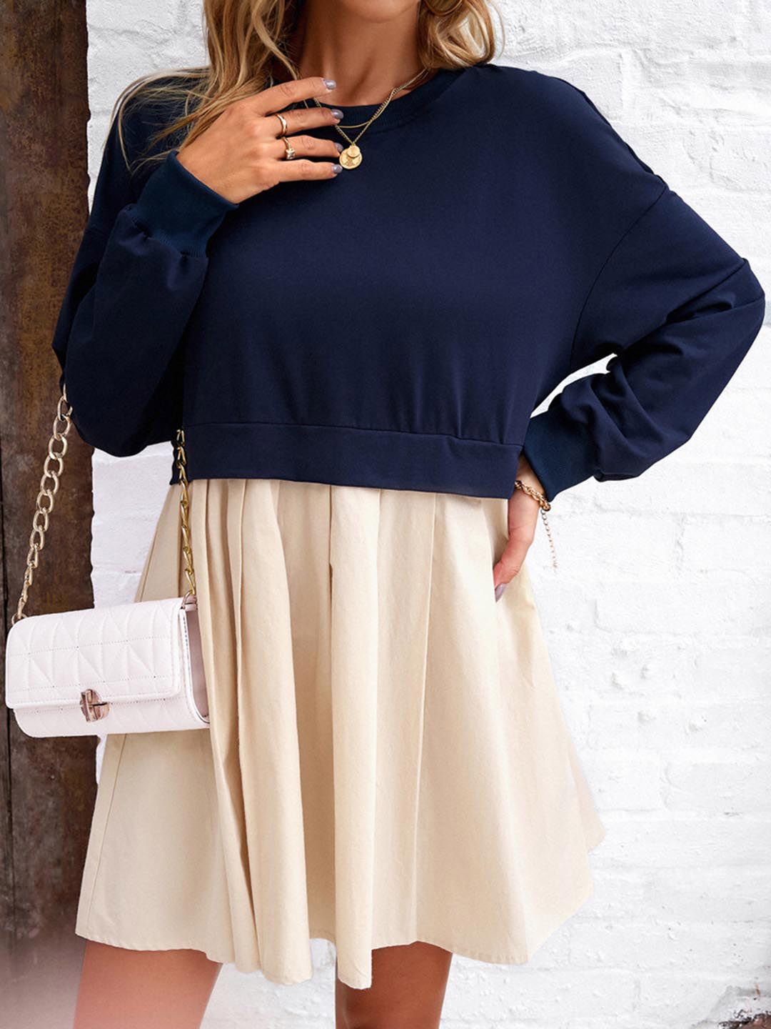 all about you Navy Blue Round Neck Flared Cotton Fit & Flare Dress
