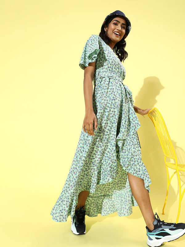 Berrylush Sea Green & Black Floral Printed Crepe Maxi Dress