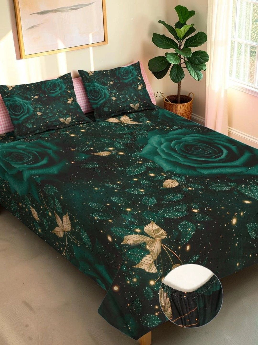 Moda Rapido X KLOTTHE Cadar King Bunga 400 TC Berwarna Hijau & Emas dengan 2 Sarung Bantal