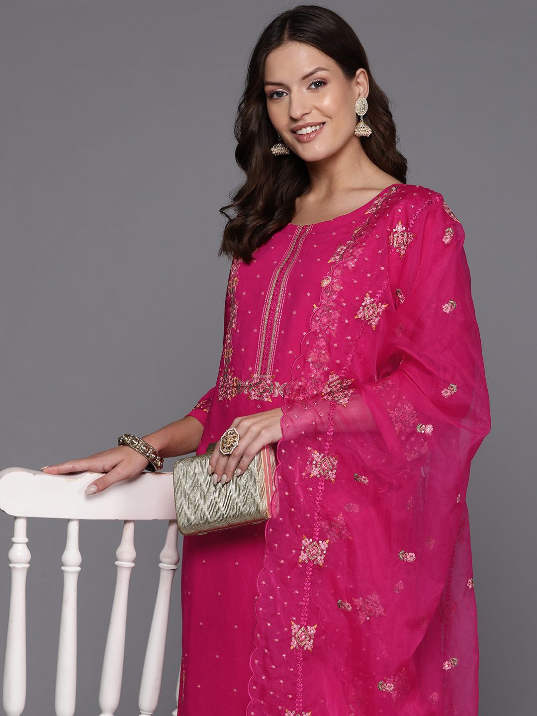 Indo Era Women Floral Yoke Design Regular Sequinned Kurta with Trousers & Dupatta