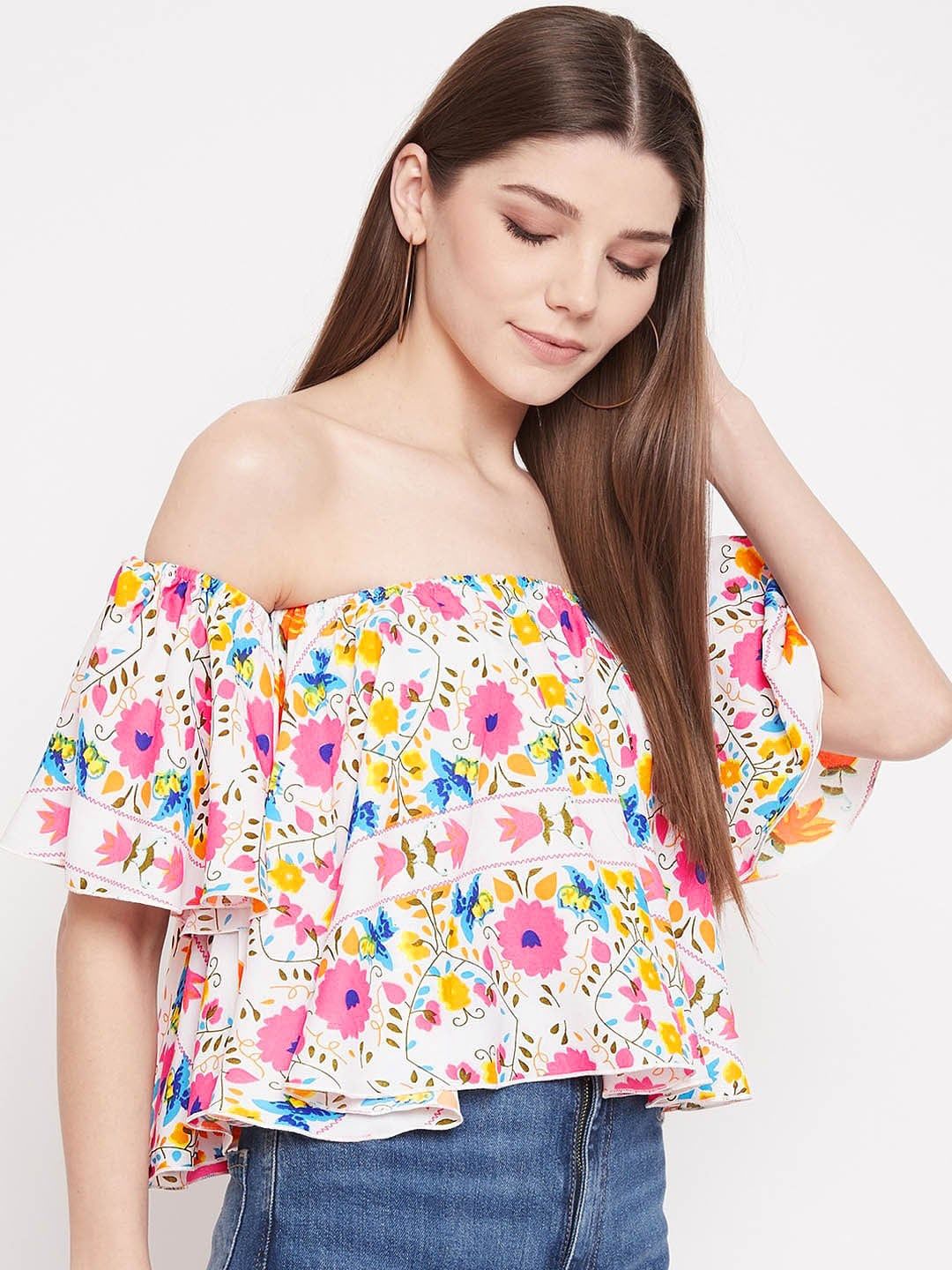 Berrylush White & Pink Floral Off-Shoulder Crepe Bardot Crop Top