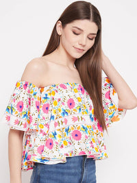 Berrylush White & Pink Floral Off-Shoulder Crepe Bardot Crop Top
